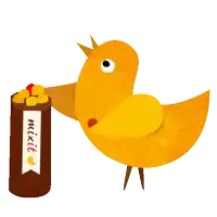 a yellow bird is standing next to a container that says mixit on it