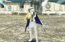a girl with white hair and a blue cape is holding a sword