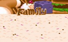 two cartoon characters are laying on a table with the word family written on it