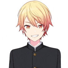 a boy with blonde hair and red eyes is wearing a black jacket with gold buttons