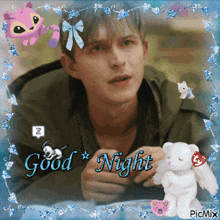 a picture of a man with a teddy bear and the words good night on it