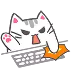 a cartoon cat is sitting at a computer keyboard with its paw on the keyboard .