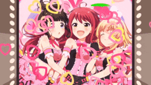 three anime girls are surrounded by hearts and circles on a pink background