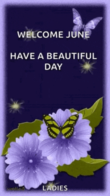 welcome june have a beautiful day ladies purple flowers and butterflies