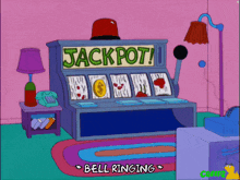 a cartoon slot machine with the words jackpot bell ringing on it