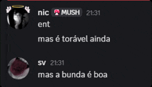 a screenshot of a conversation between nic mush and sv at 21:31