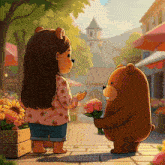 a cartoon of a girl giving a bear a bouquet of flowers