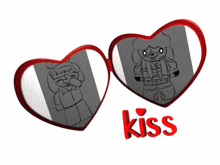 a couple of hearts with drawings on them and the word kiss below them