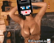 a woman with a pixelated batman mask on her head and the words elcryptolio below her