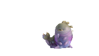a cartoon character with a purple tail is laying down with its mouth open