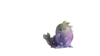 a cartoon character with a purple tail is laying down with its mouth open