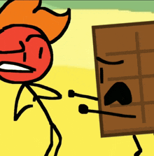 a cartoon of a stick figure and a chocolate bar fighting