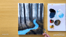 a painting of a river in the woods is being made in animatica