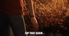 a person standing in front of a fire with the words say that again written below them