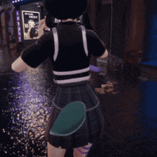 a girl in a black and white outfit is standing in front of a sign that says show