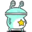 a cartoon drawing of a blue alien with a yellow star on its back .