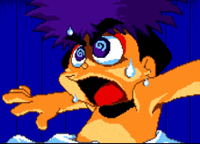 a pixel art drawing of a boy with purple hair and a surprised look on his face