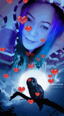 a woman with blue hair is surrounded by hearts and a bird
