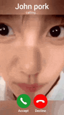 a close up of a person 's face on a phone screen that says john pork calling accept decline