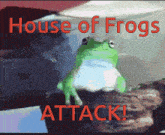a frog is sitting on a rock with the words house of frogs attack