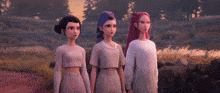three cartoon characters standing next to each other holding hands