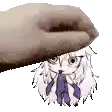 a hand is holding a small cartoon character with white hair and purple pants .