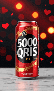 a can of 5000 qrs mb is on a table with hearts in the background