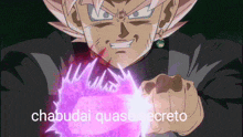a cartoon character is holding a purple object in his hand and the words chabudai quase secreto are on the bottom
