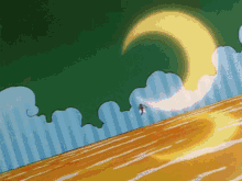 a cartoon drawing of a crescent moon with a person in the foreground
