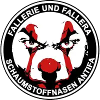 a logo for fallerie und fallera schaumstoffnasen antifa with a clown in the center