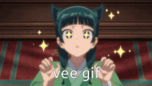 a girl with a cat ear and the words vee gif below her