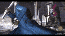 a man in a blue coat is holding a sword in front of another man in a mask
