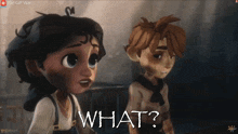 a boy and a girl are standing next to each other with the words what written on the screen