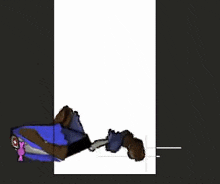 a cartoon character with a black head and purple eyes is wearing a blue jacket and bow tie .