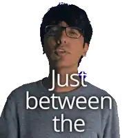 a man wearing glasses and a grey shirt says " just between the "