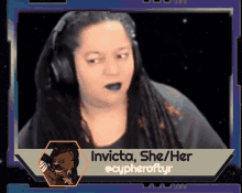 a woman wearing headphones has the name invicta on the bottom