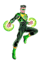 a man in a green and black superhero costume with green circles around his hands