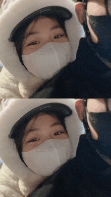 a woman wearing a white face mask and a fur hat