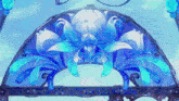 a painting of a blue flower with white petals on a blue background
