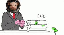a drawing of a pig wearing a suit and tie with a helmet on