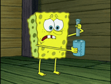 a cartoon of spongebob holding a measuring cup and a beaker