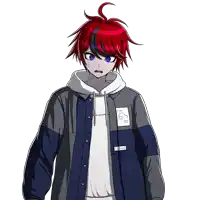 a boy with red hair and blue eyes is wearing a jacket that says " i 'm too pretty "