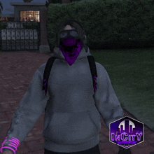 a person wearing headphones and a purple bandana is standing in front of a building with the word incity on it
