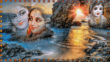 a painting of a woman and a boy in the rain with flowers around them