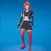a girl with red hair is wearing a black skirt and red stockings
