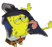 a cartoon of spongebob wearing a black hat with his tongue sticking out