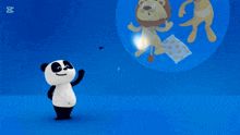 a panda bear is standing in front of a blue background with the word capcut on it