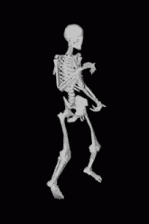 a skeleton is dancing on a black background and making a peace sign .