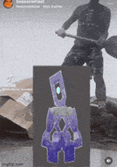a man is digging in the dirt with a shovel and a picture of a robot is behind him