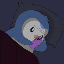 a cartoon of a penguin laying in bed with a cell phone